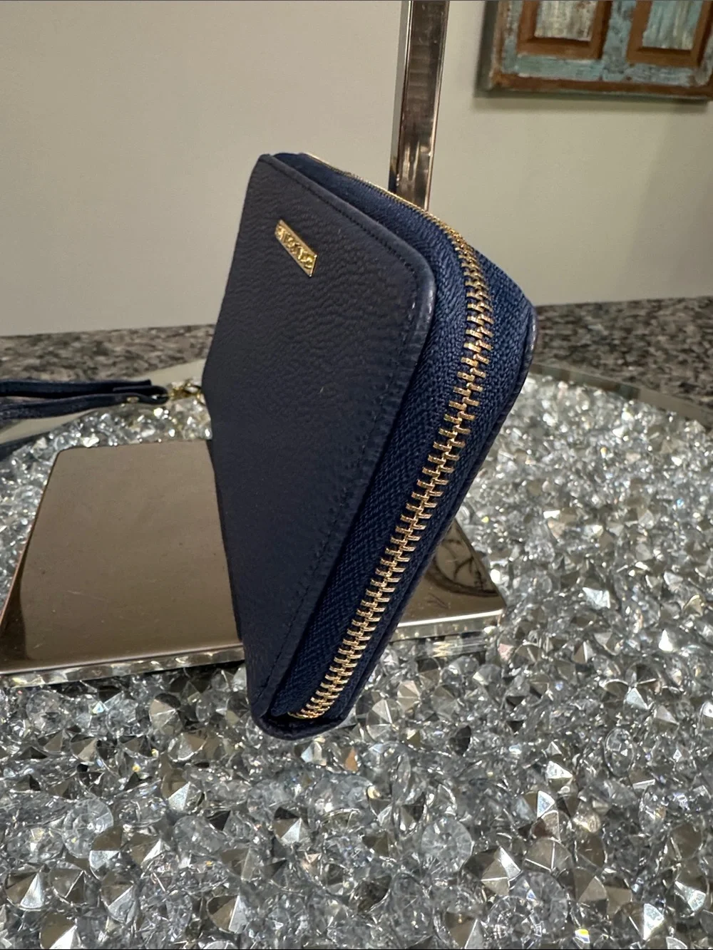 Bandolino Navy Pebbled Zip Wristlet with Gold Plaque